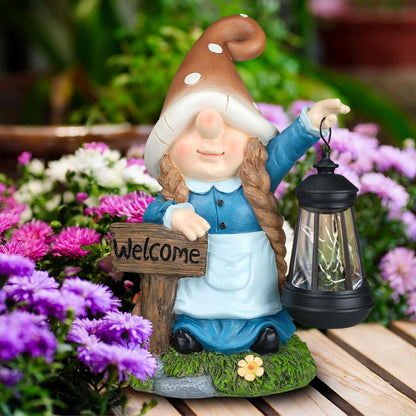Solar Large Gnome Garden Statue with Welcome Sign Outdoor Decor with LED Lantern Funy for Porch