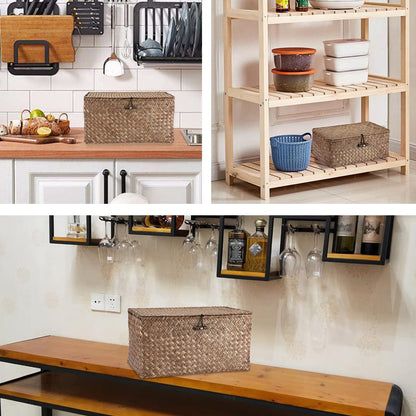 Hipiwe Wicker Shelf Baskets Storage Bin with Lid Handwoven Seagrass Basket