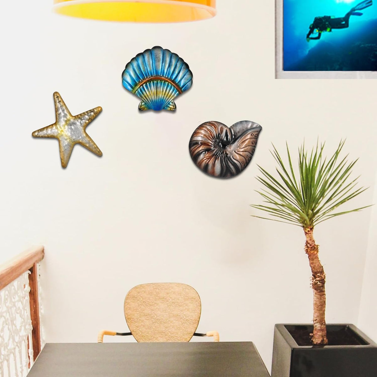 Metal Ocean Wall Sculptures Outdoor Metal Sea Star Conch Wall Art Decor Pool Garden Patio Bathroom