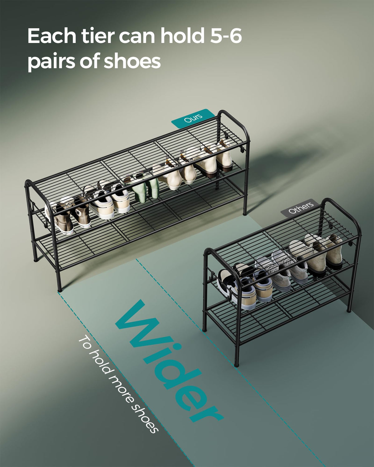 SONGMICS Shoe Rack, 3-Tier Shoe Organizer, Metal Shoe Shelf Storage with 4 Side Hooks, Holds 24