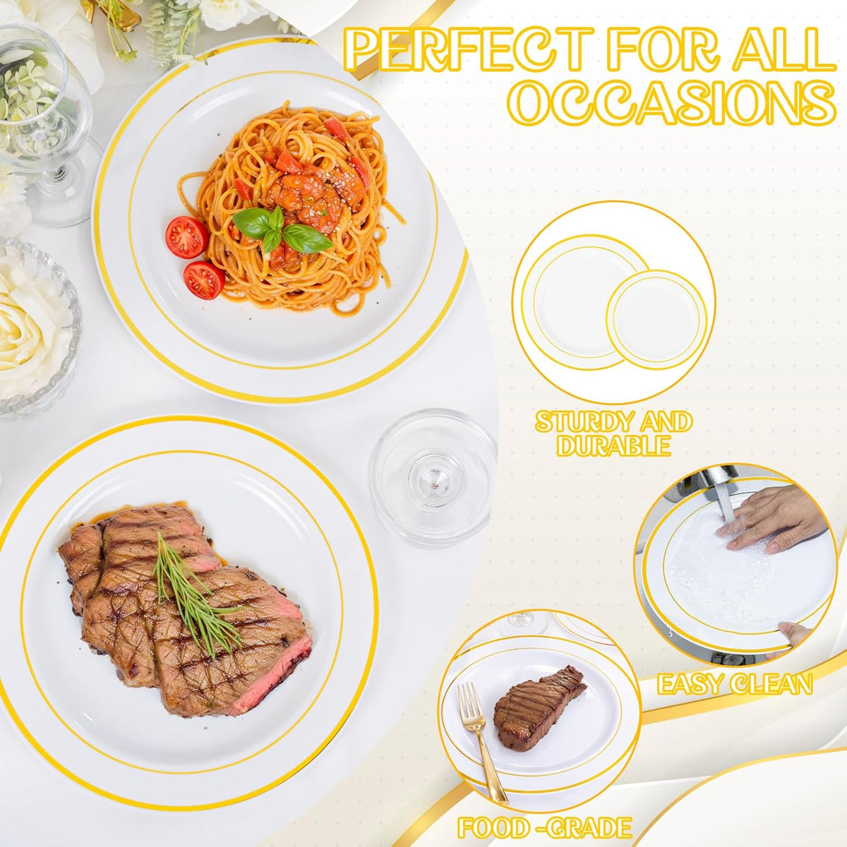 350 Pieces White and Gold Plastic Plates - 50 Guest Thanksgiving Dinnerware Set Include 100 Plates