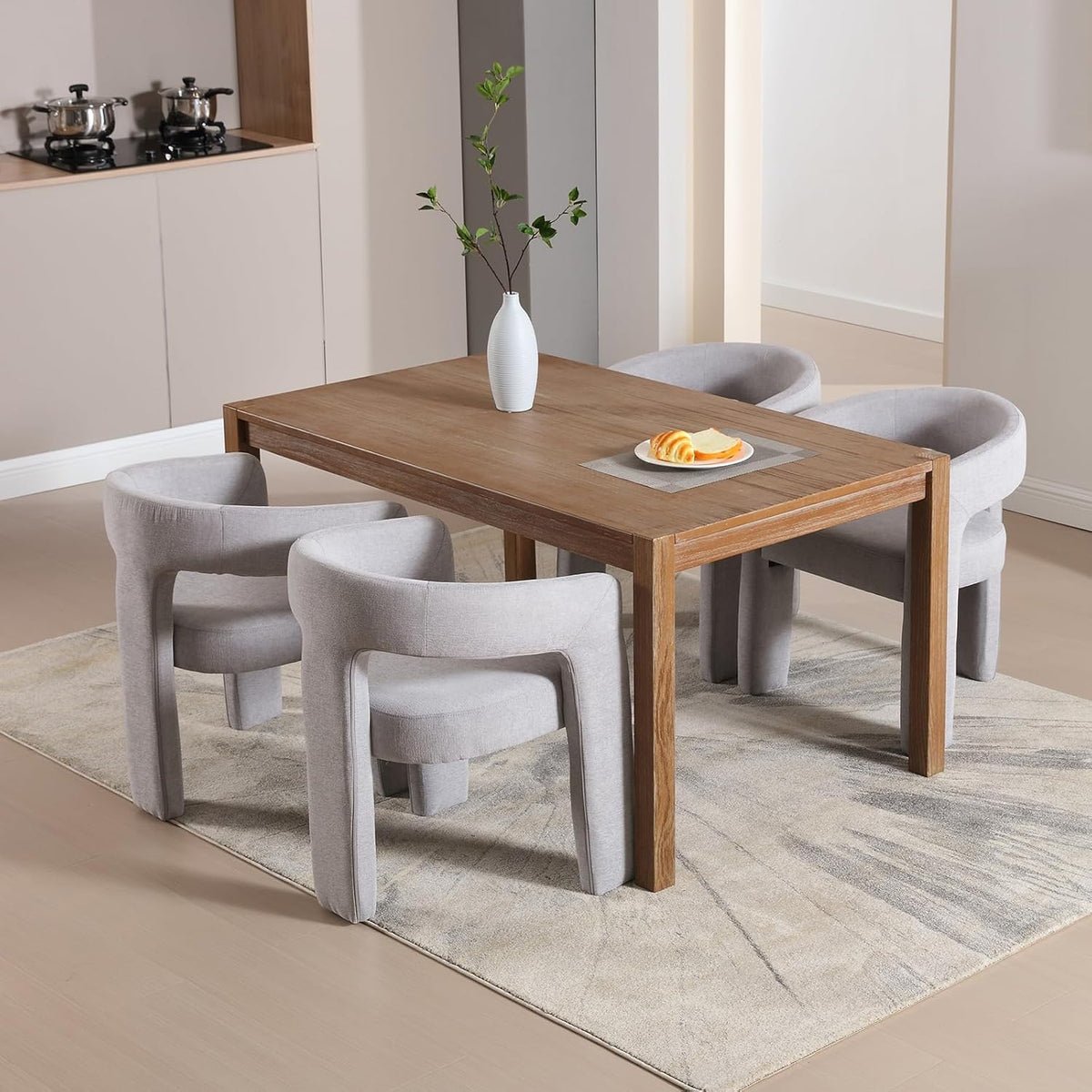 Grey Chenille Dining Chairs Set of 6, Modern Barrel Dining Room Chairs Upholstered Faux Fur Accent
