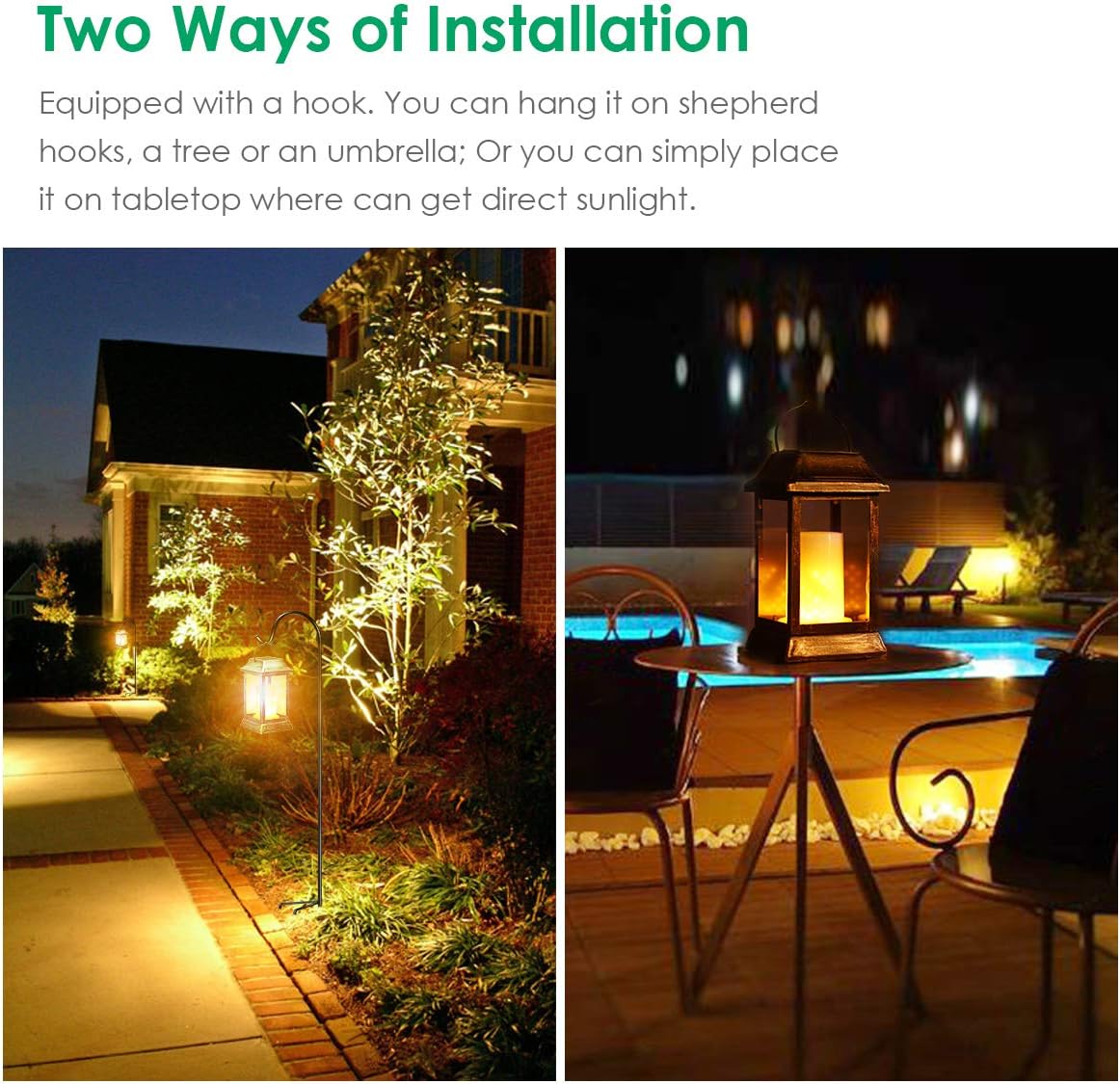TomCare Solar Lights Metal Flickering Flame Solar Lantern Outdoor Hanging Lanterns Lighting Heavy