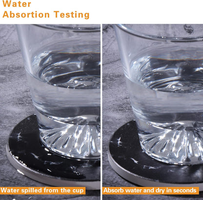 Drink Coasters with Holder Absorbent Ceramic Coasters Set of 6 Black Marble Style, 4 Inches