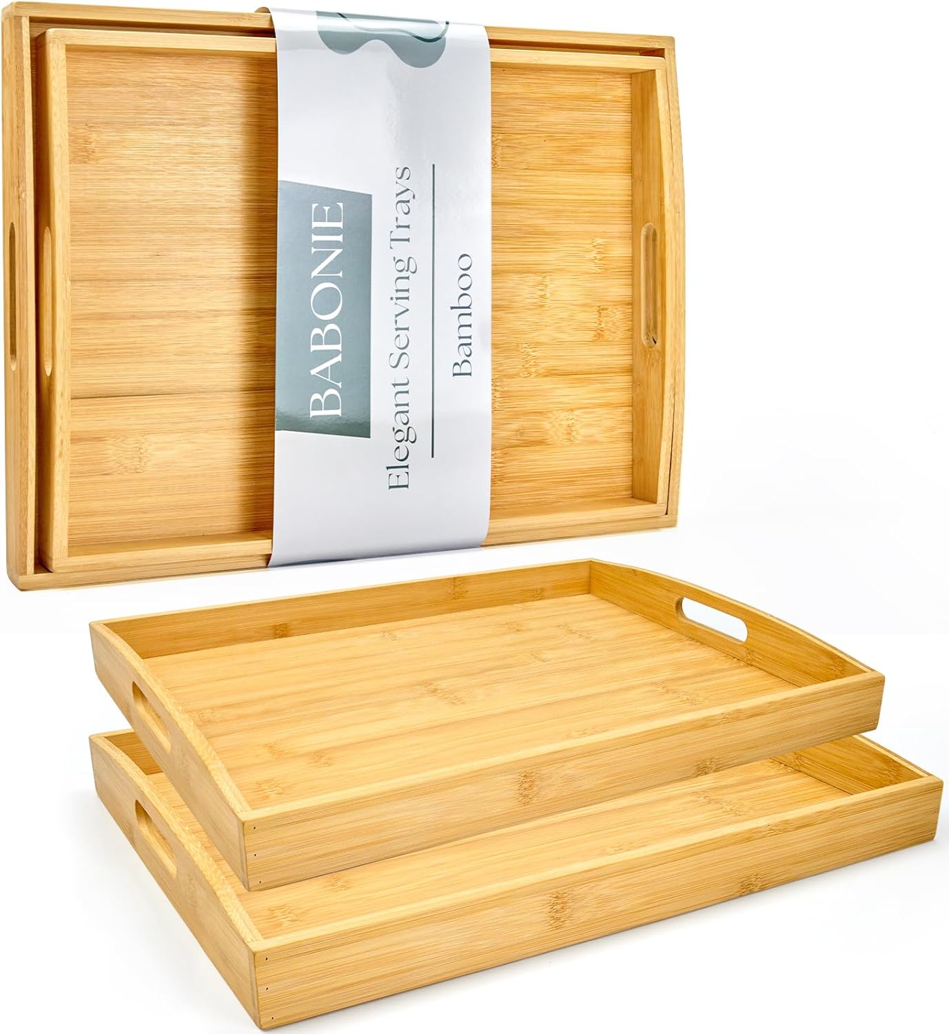 Bamboo Serving Tray with Handles Set of 2 - Decorative Wooden Trays for Eating, Working, and