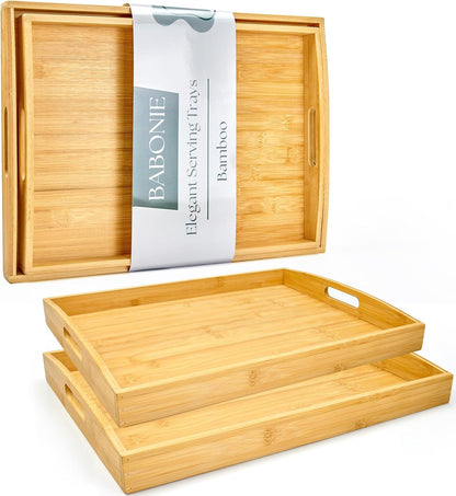 Bamboo Serving Tray with Handles Set of 2 - Decorative Wooden Trays for Eating, Working, and