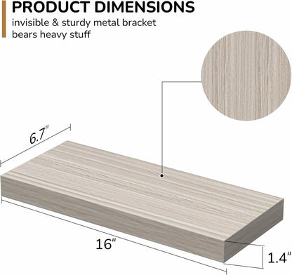 Floating Shelves - Rustic Grey Storage Shelf Set of 2 - 16 Inch Wall Mounted Shelves for Wall Decor