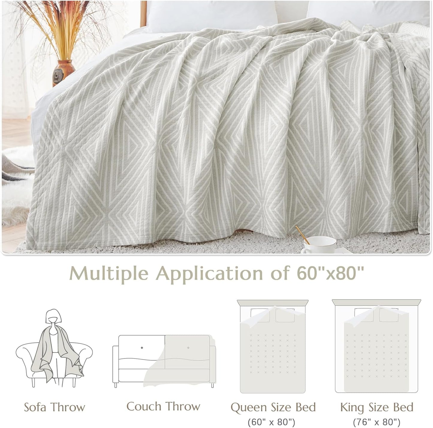 jinchan Boho 100% Cotton Blanket Muslin Twin Size 60x80 Inches Lightweight 3-Layer Geometric