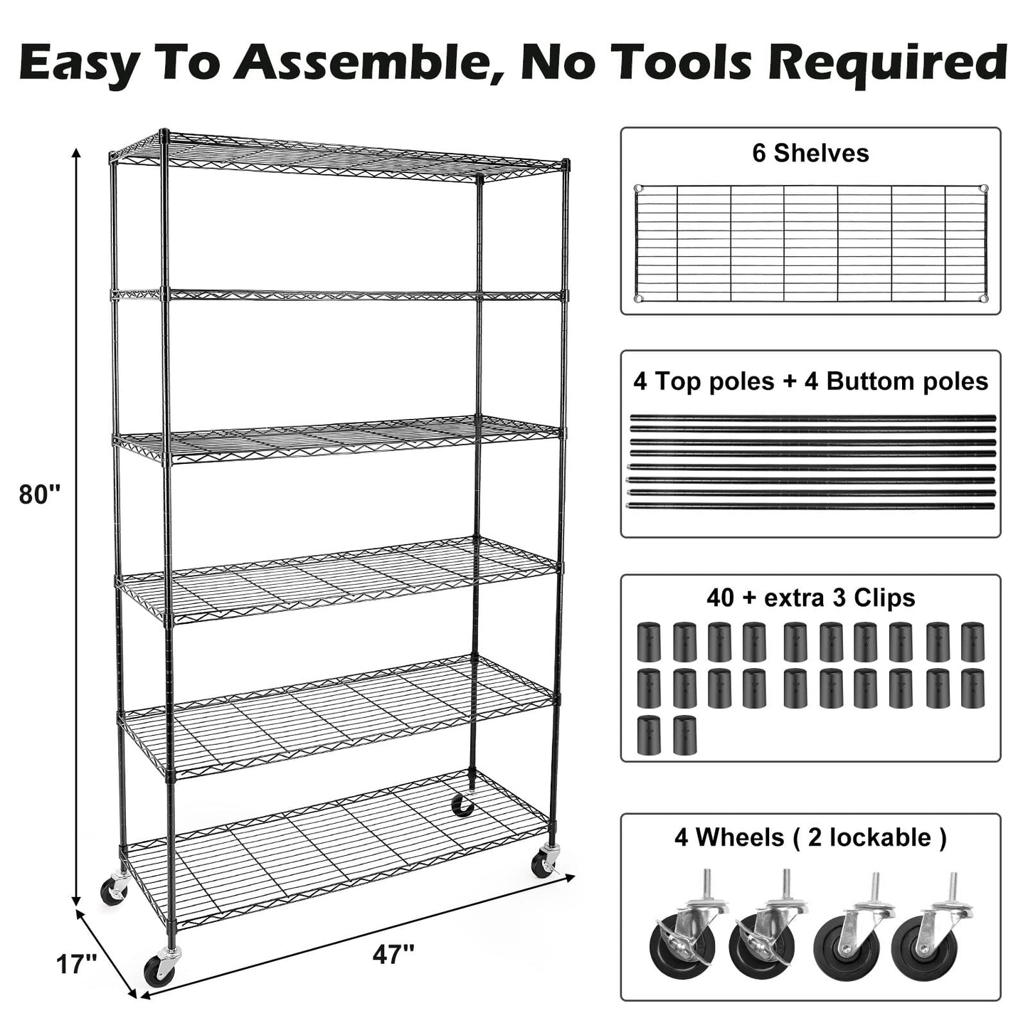 WDT NSF Certified Storage Shelves on Wheels, Heavy Duty Metal Shelves for Storage with Adjustable