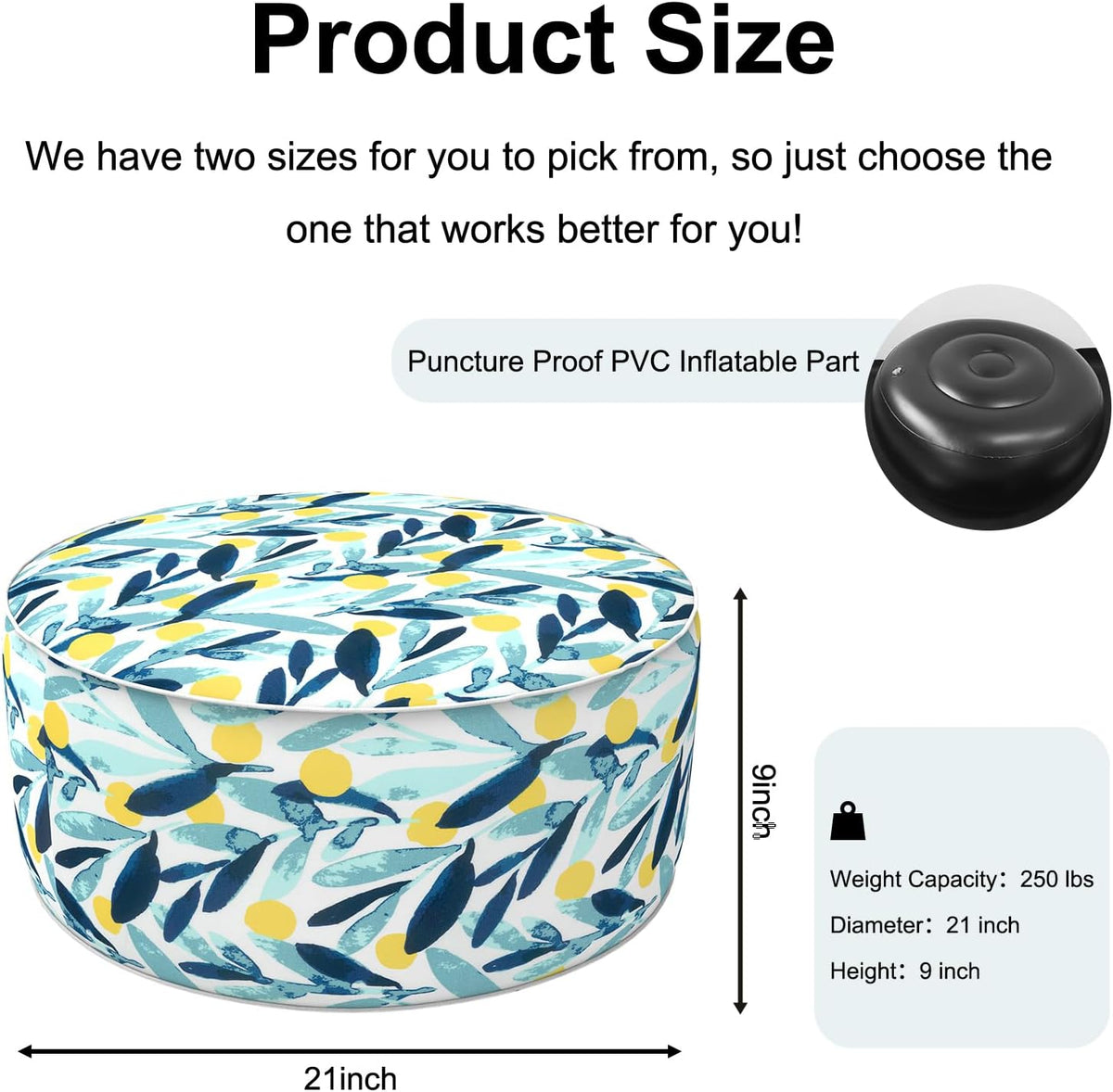 Inflatable Ottoman Stool D21 xH9 for Outdoor/Indoor Use, Water Repellent Patio Foot Rest Stool with