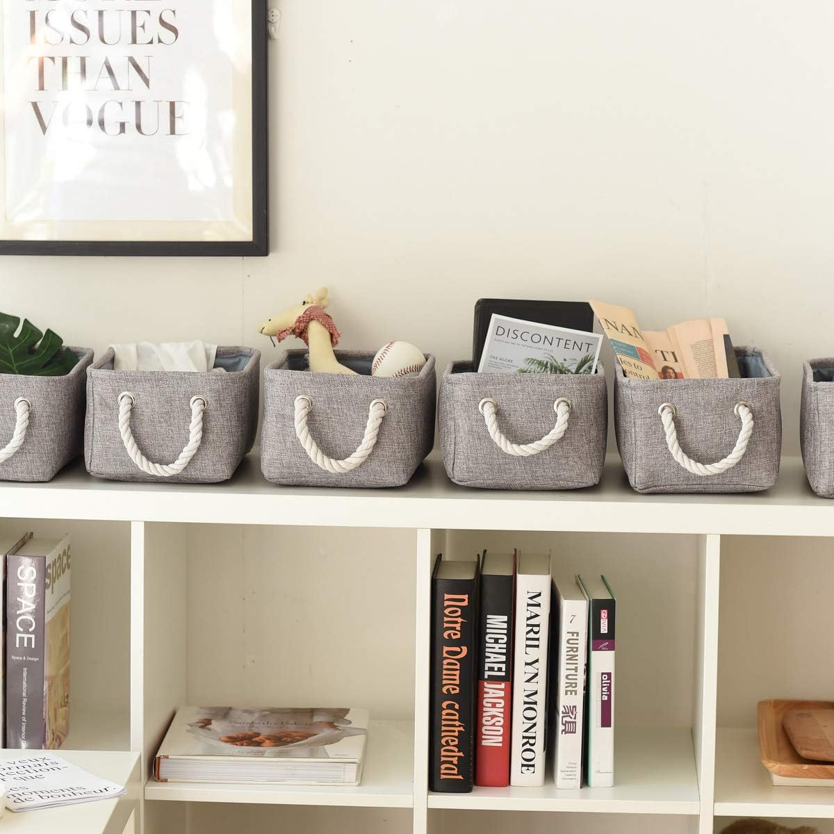 TheWarmHome Foldable Small Storage Baskets with Strong Cotton Rope Handles [6-Pack] Gray