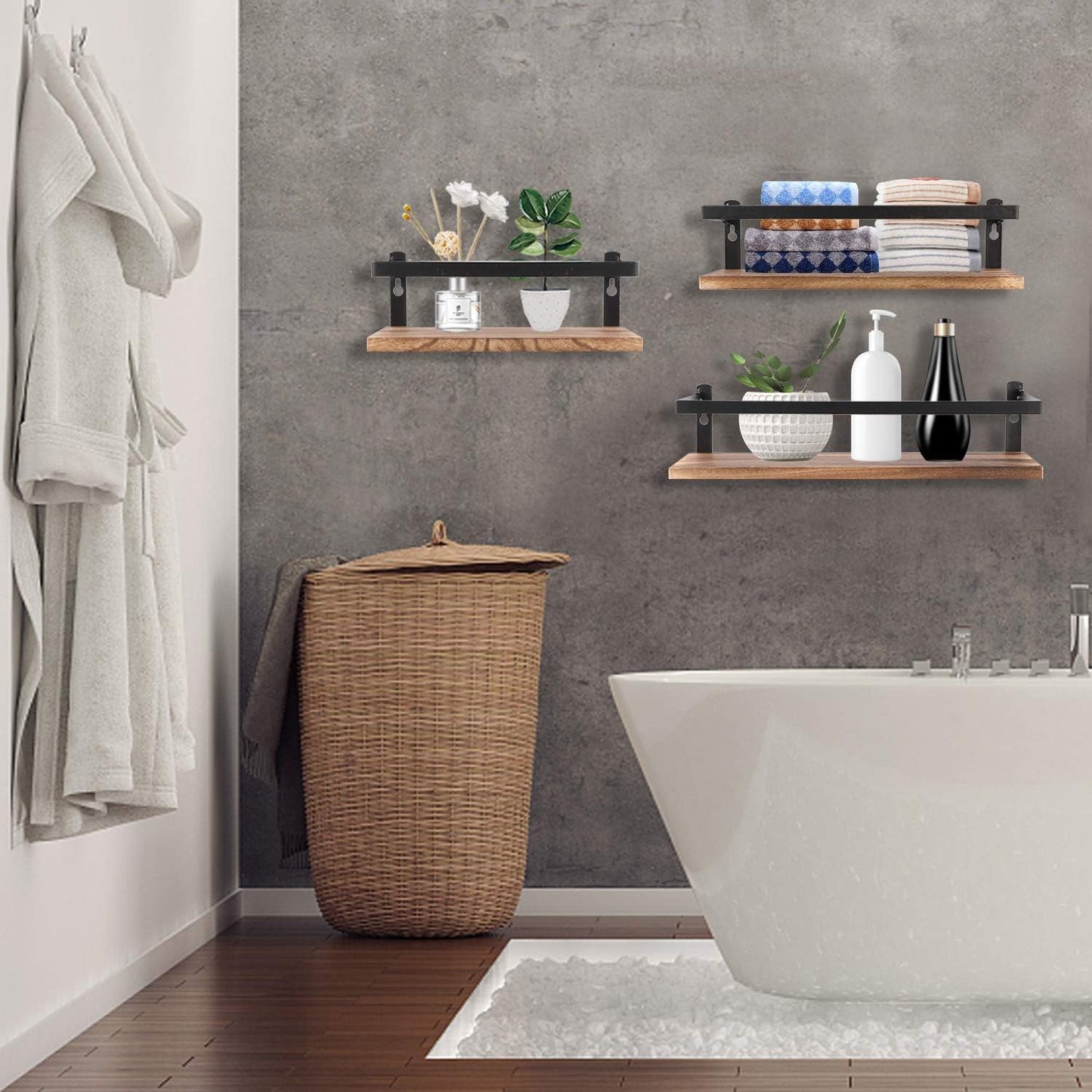 Floating Shelves Rustic Wood Wall Mounted Shelf Practical Metal Fence Design Ideal for Bedroom