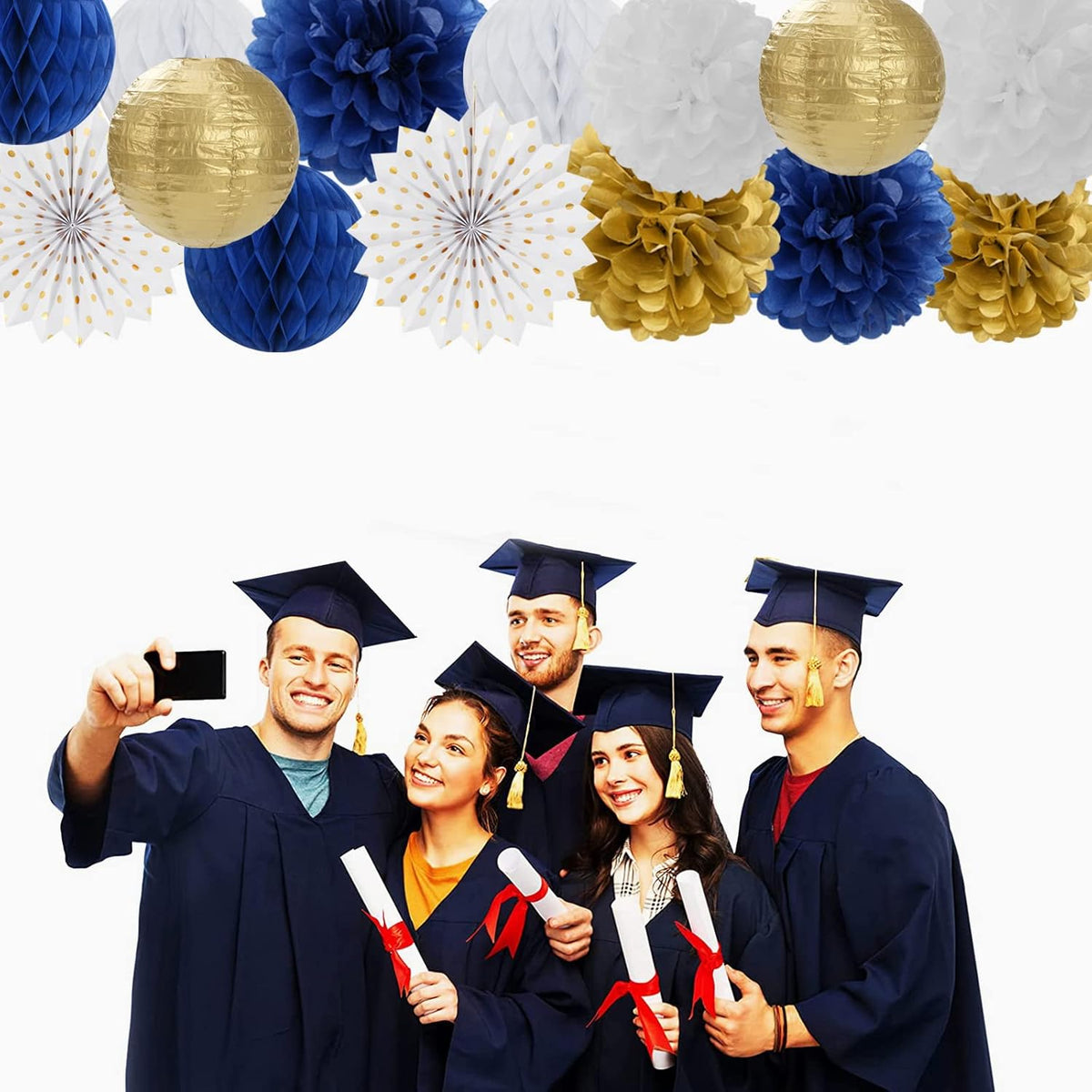 Navy-Blue White Gold Party Decorations - 14pcs Kits Paper Lanterns Fan,Tissue Flower Pom Poms
