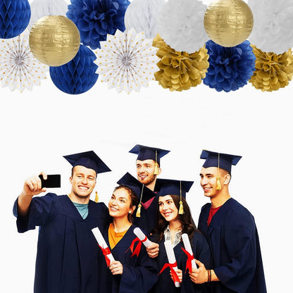 Navy-Blue White Gold Party Decorations - 14pcs Kits Paper Lanterns Fan,Tissue Flower Pom Poms