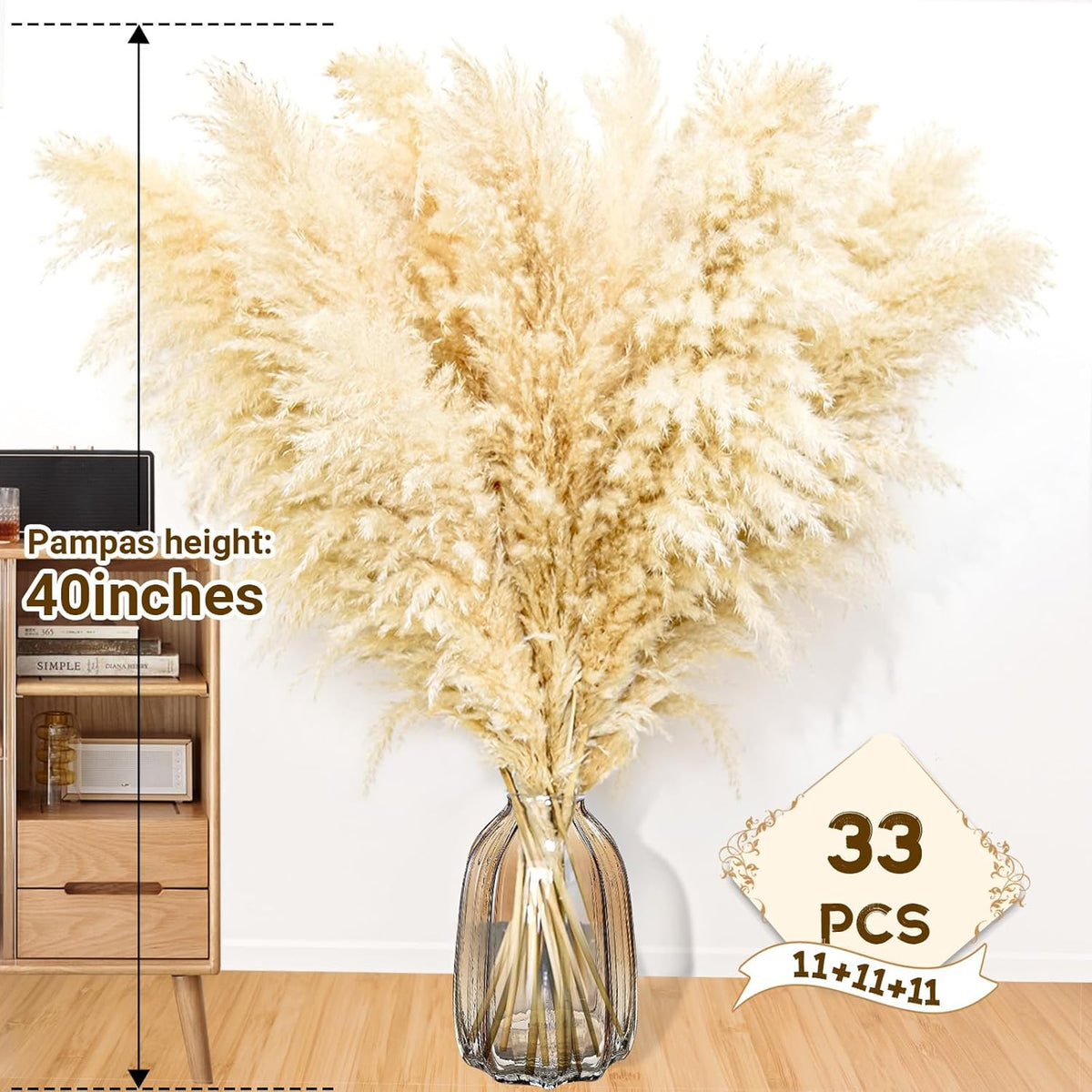 40" 33PCS Dried Pampas Grass Decor Tall,Large Natural Beige pompas Grass Tall Pampas Grass for