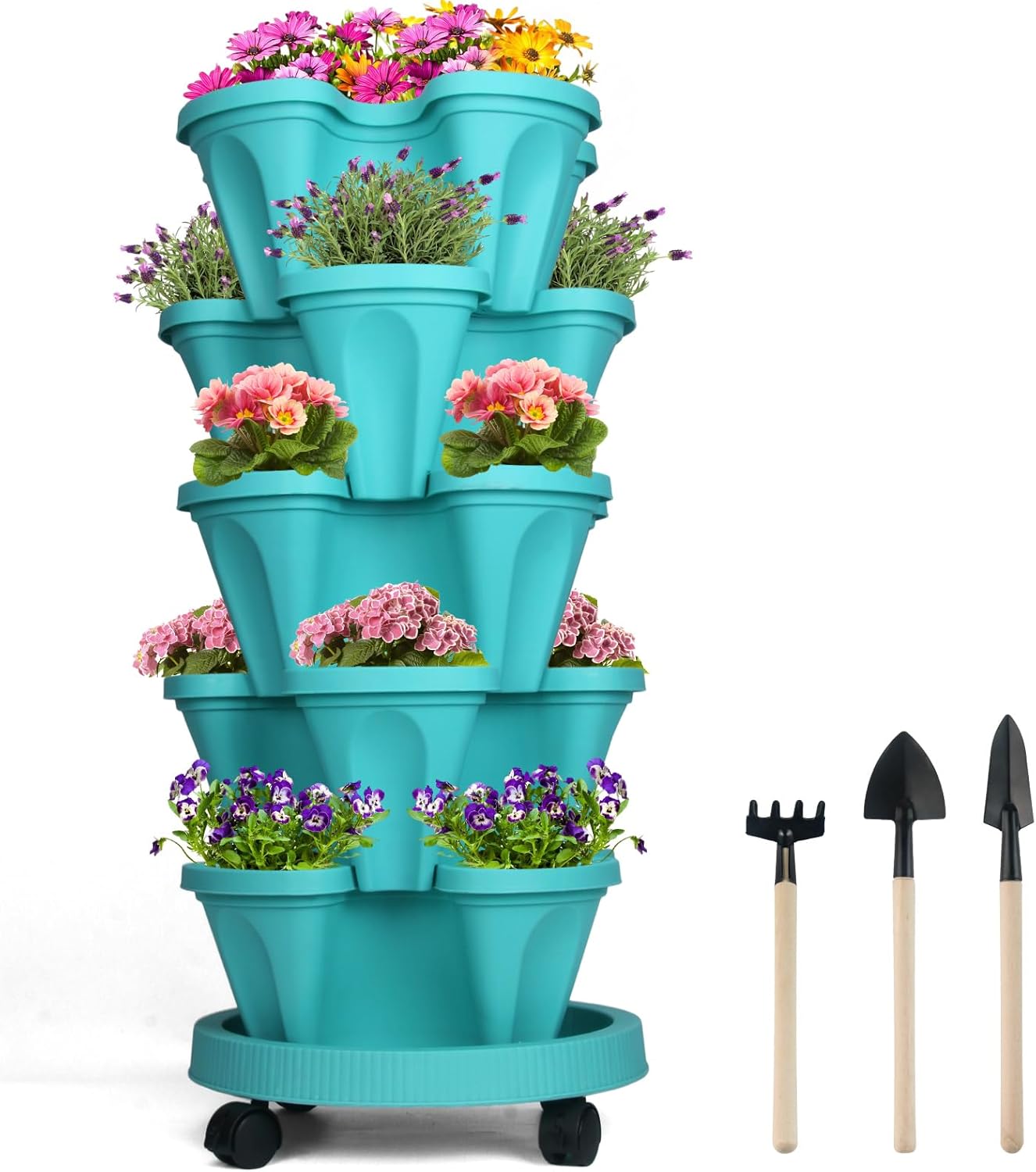 DUNCHATY Stackable Vertical Garden Planter with Wheels, 5 Tier Herb Planter Pots for Growing