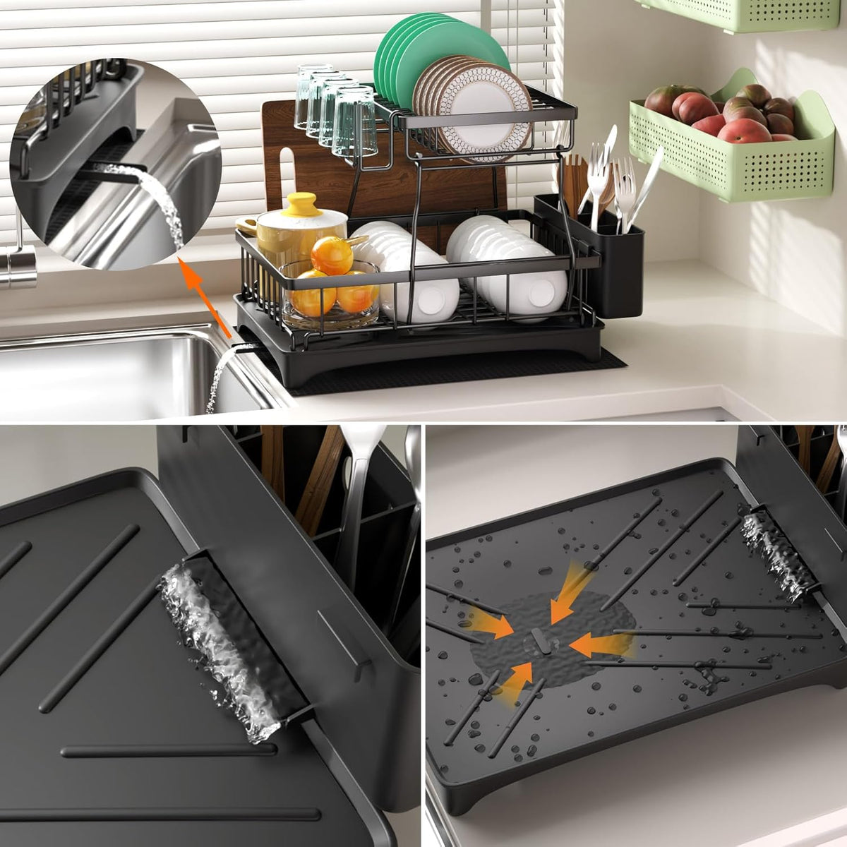 Godboat Dish Drying Rack, 2-Tier Dish Rack with Auto-Drain & Mat, Dish Racks for Kitchen Counter