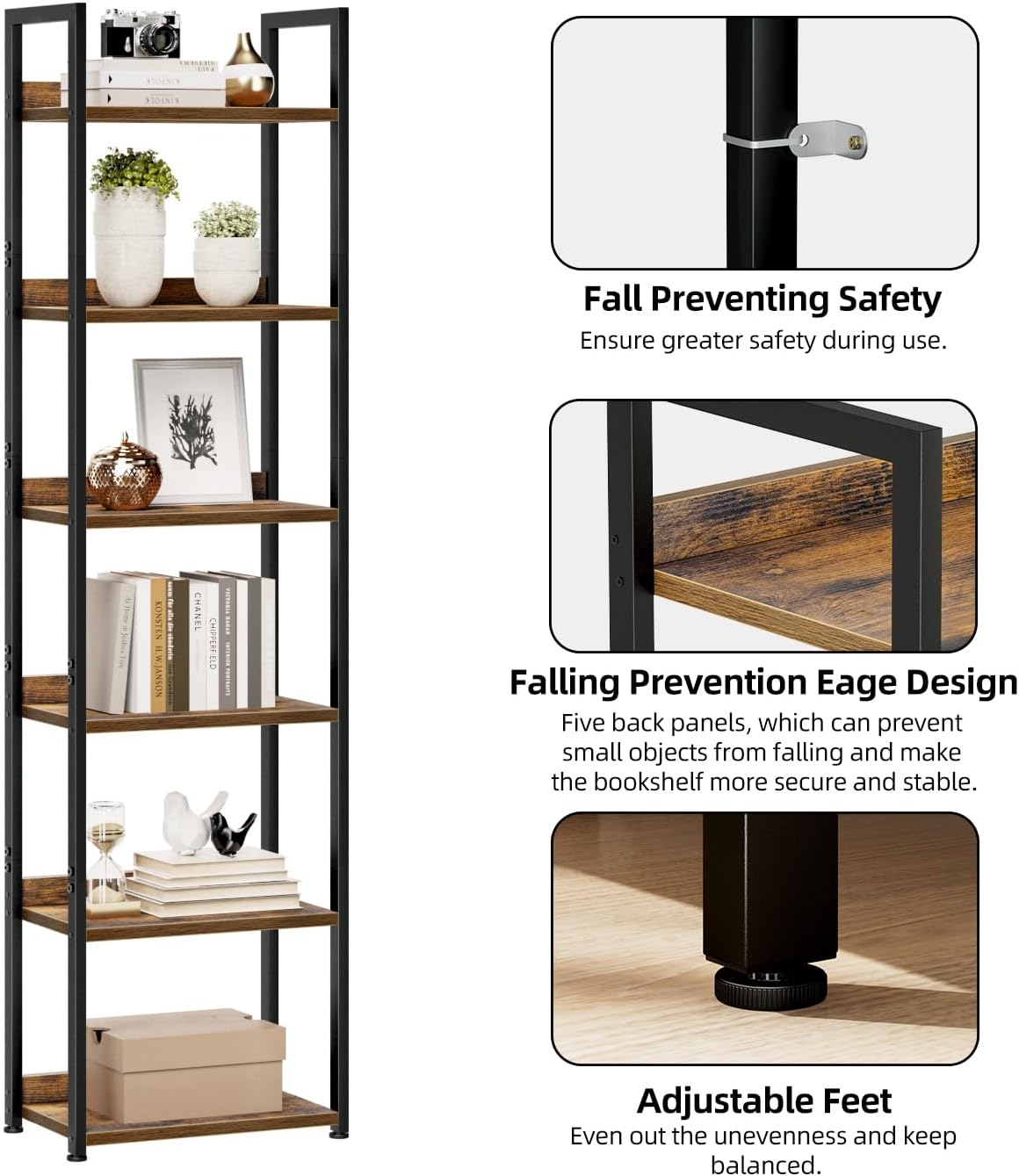 NUMENN Narrow Bookshelf, 6 Tier Bookshelves, Home Office Bookcase Shelf Storage Organizer, Free