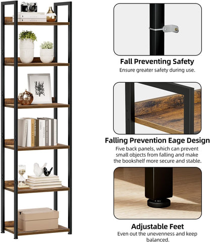 NUMENN Narrow Bookshelf, 6 Tier Bookshelves, Home Office Bookcase Shelf Storage Organizer, Free