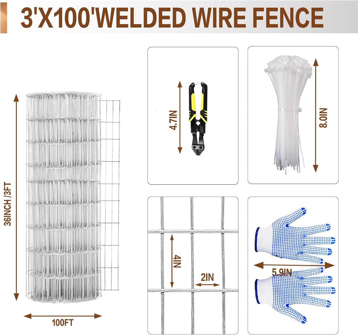 Tongmo 3 ft x 100 ft Galvanized Welded Wire Fence, 16GA Garden Chicken Wire Fence Roll, Mesh Size