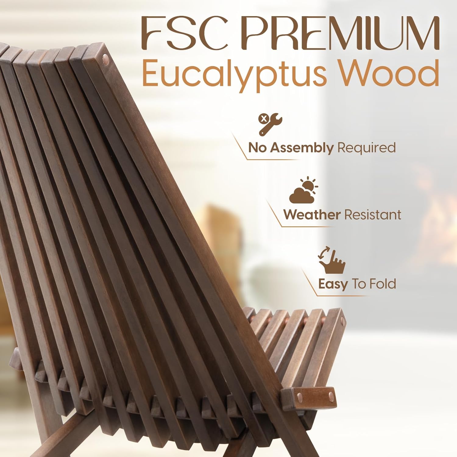 IDZO Elina FSC Eucalyptus Tamarack Chairs, 300Lbs Capacity Modern Adirondack Style, Wooden Folding