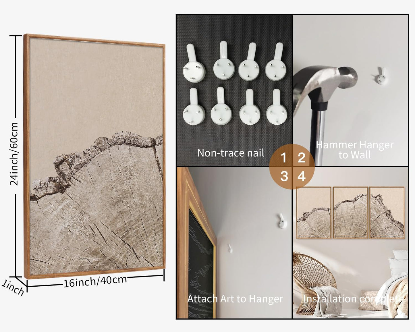 SIGNINART Large Tree Ring Framed Canvas Wall Art Set, Rustic Beige Wooden Wall Decor, Neutral