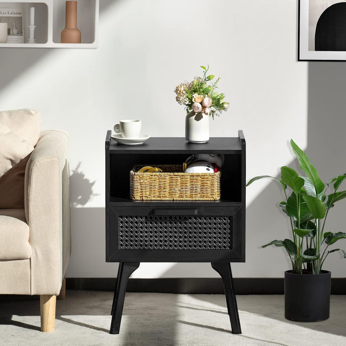Lerliuo Rattan Nightstands Set of 2, Boho Side Table with Drawer Open Shelf, Cane Accent Bedside