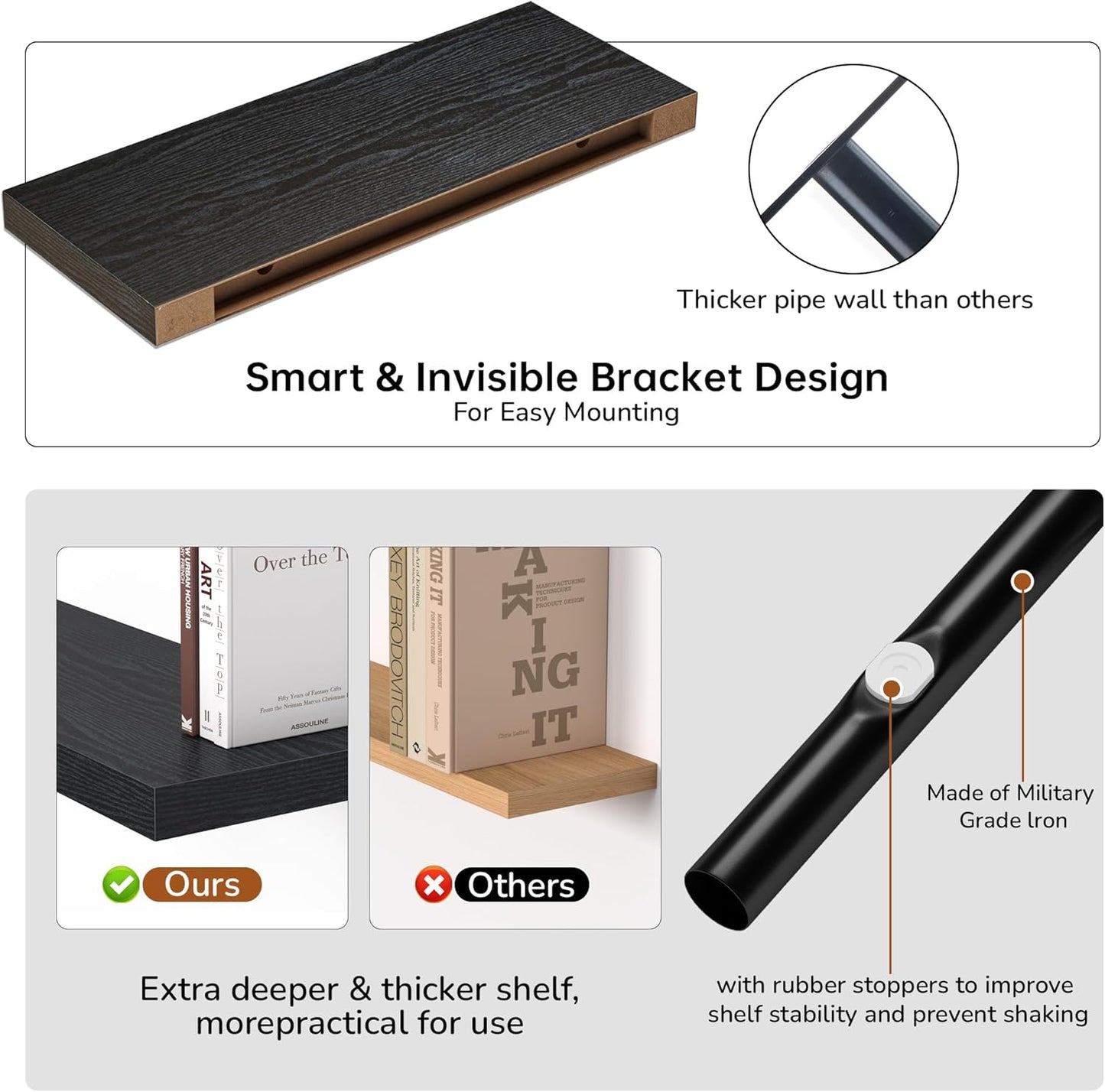 Floating Shelves - 2 Pack 9 Inch Rustic Wooden Wall Shelves - Extra Deeper & Thicker Wall Mounted