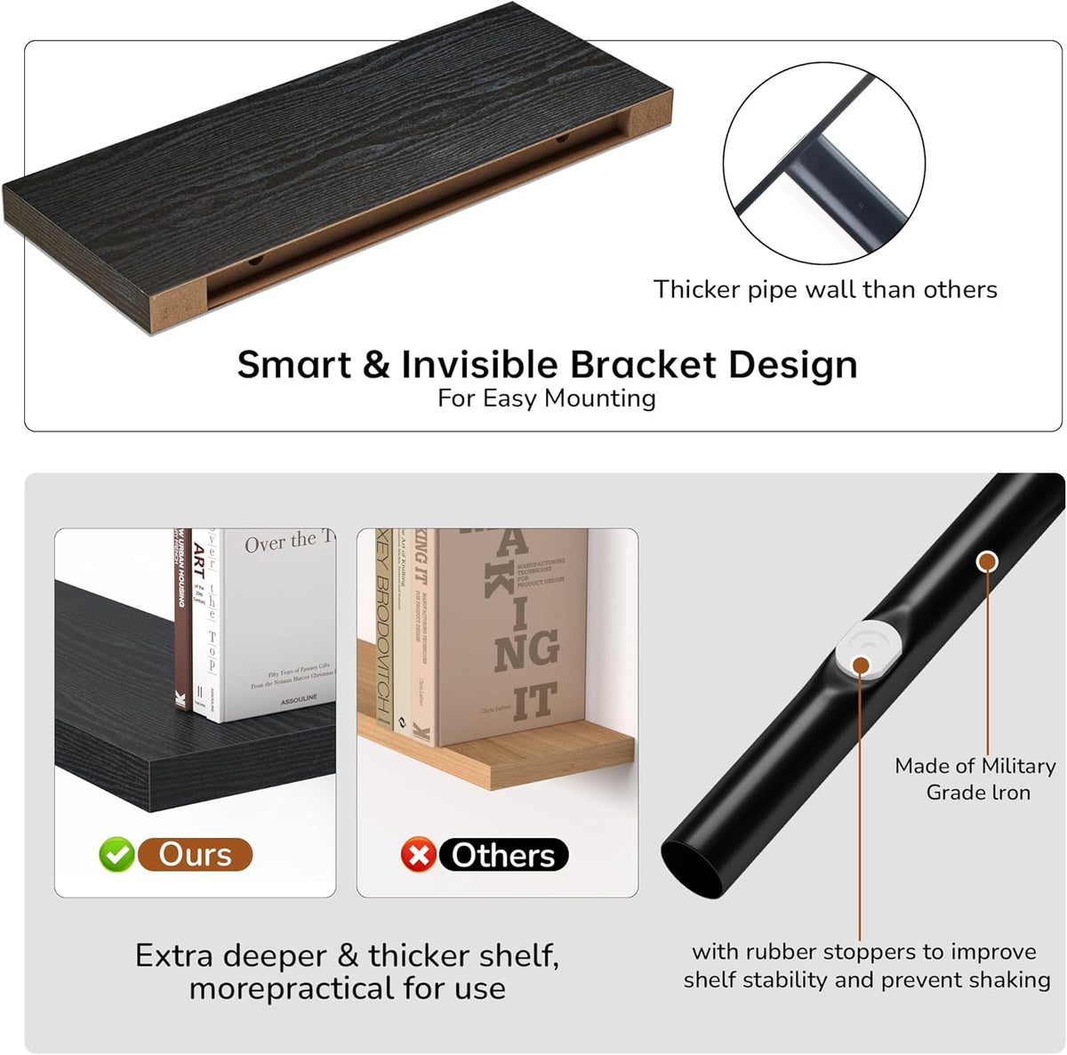 Floating Shelves - 2 Pack 9 Inch Rustic Wooden Wall Shelves - Extra Deeper & Thicker Wall Mounted