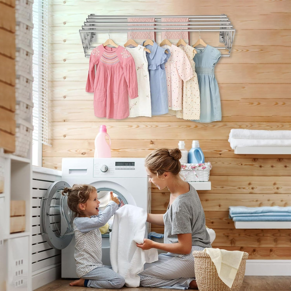 XL-31.5" Wall Mounted Clothes Drying Rack, 130 LBS Large Capacity Rustproof Retractable Clothes