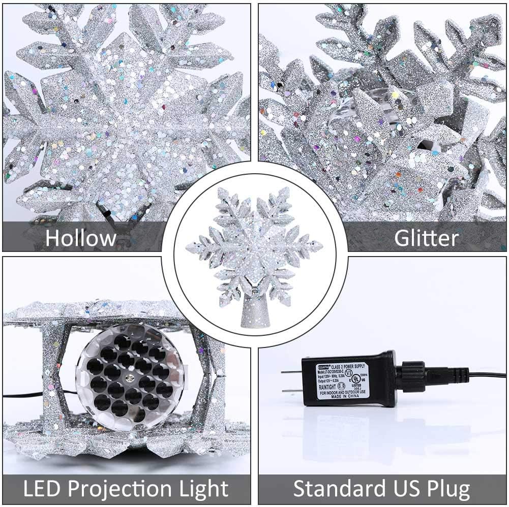 OurWarm Christmas Tree Topper Lighted with LED Rotating Silver Snowflake Decorations Projector