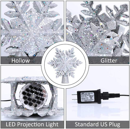 OurWarm Christmas Tree Topper Lighted with LED Rotating Silver Snowflake Decorations Projector