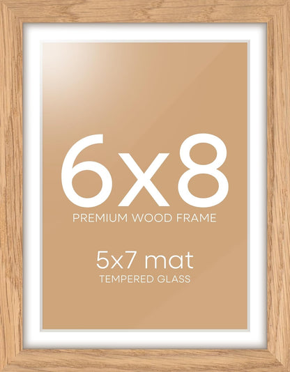 Homeforia 6x8 Picture Frame Natural Wood, High End Oak 6x8 Light Wooden Frames with Mat 5x7 for