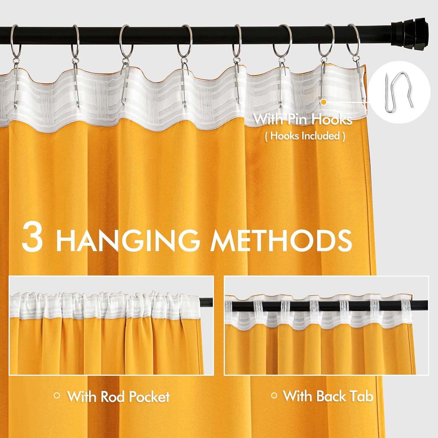 MIULEE Yellow Back Tab Blackout Curtain 96 Inch Long 2 Panels Set for Bedroom, Rod Pocket/Pinch