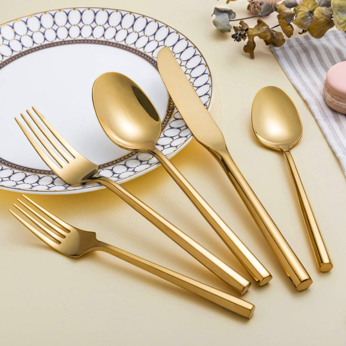Silverware Set Flatware Set Shiny Gold Cutlery Set with Hexagon Handle Forged Stainless Steel Heavy