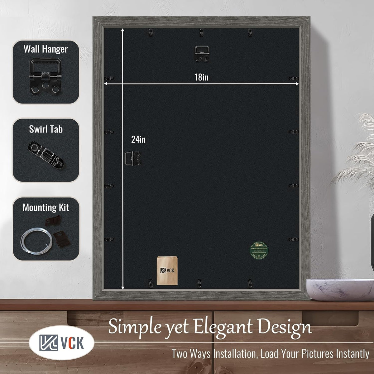 VCK 18x24 Frame Set of 3, Gray Solid Wood Poster Picture Frame, Exclusive Wood Grain, Wall Gallery