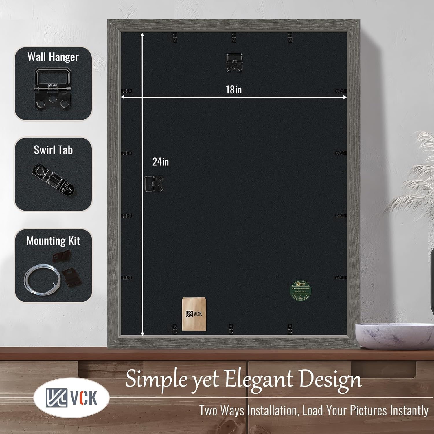 VCK 18x24 Frame Set of 3, Gray Solid Wood Poster Picture Frame, Exclusive Wood Grain, Wall Gallery