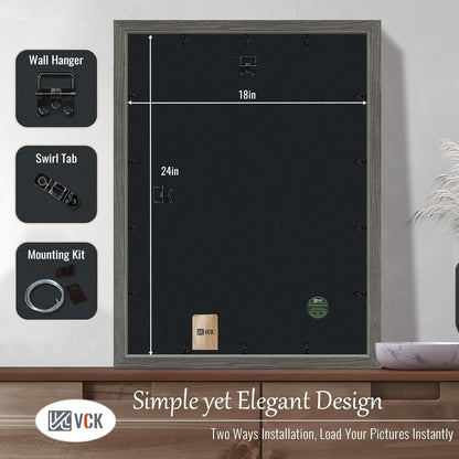 VCK 18x24 Frame Set of 3, Gray Solid Wood Poster Picture Frame, Exclusive Wood Grain, Wall Gallery