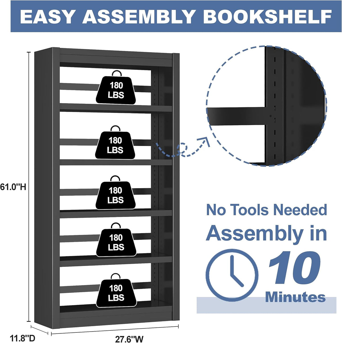 Metal Bookshelf Adjustable - 61" Tall Black Bookcase, 5 Tier Book Shelf, Tooless Assembly Book
