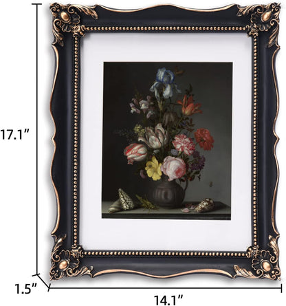 11x14 Vintage Picture Frame with Embossed Flower Design, Black Ornate Frame for 11x14 or 8x10