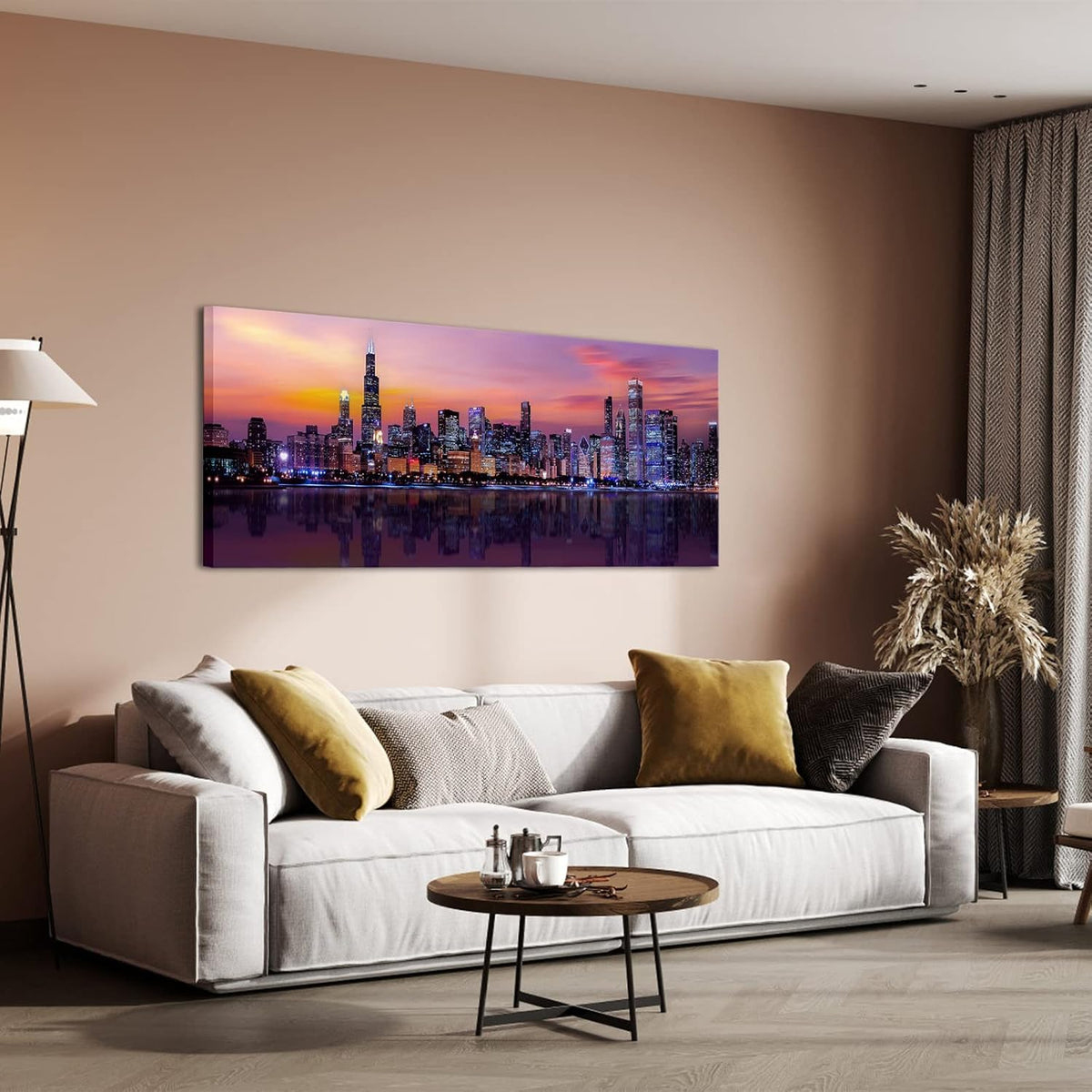 Fochorlo Large Chicago Canvas Modern City Skyline Wall Art Downtown Night Picture Prints Ready To