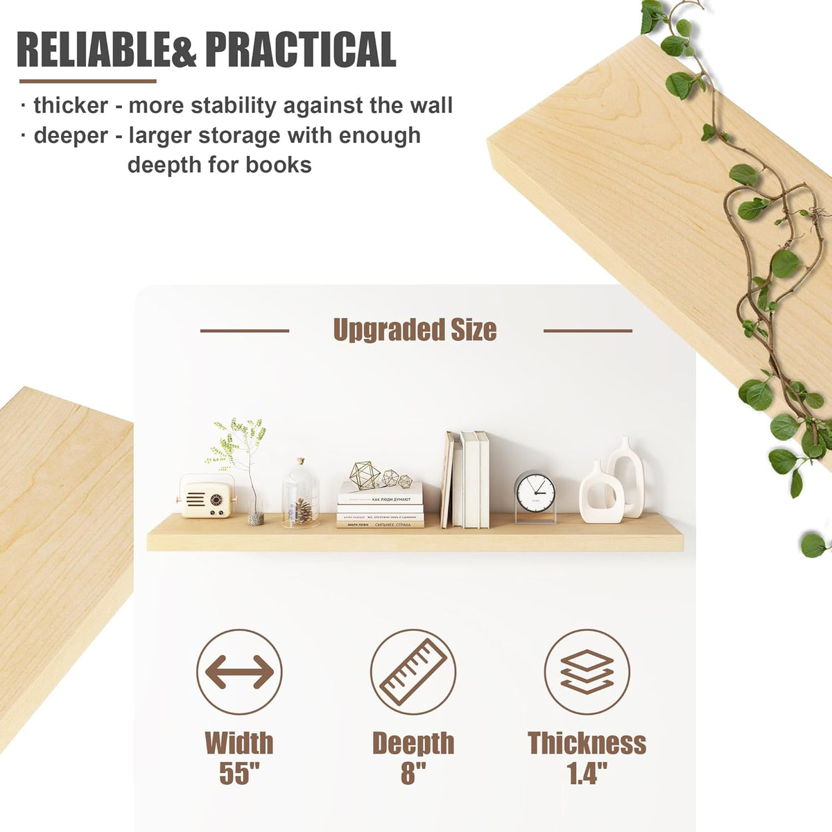 Floating Shelves for Wall, USA-Sourced Maple Wood 55 Inch Long Wall Shelves, Natural Wooden Mounted