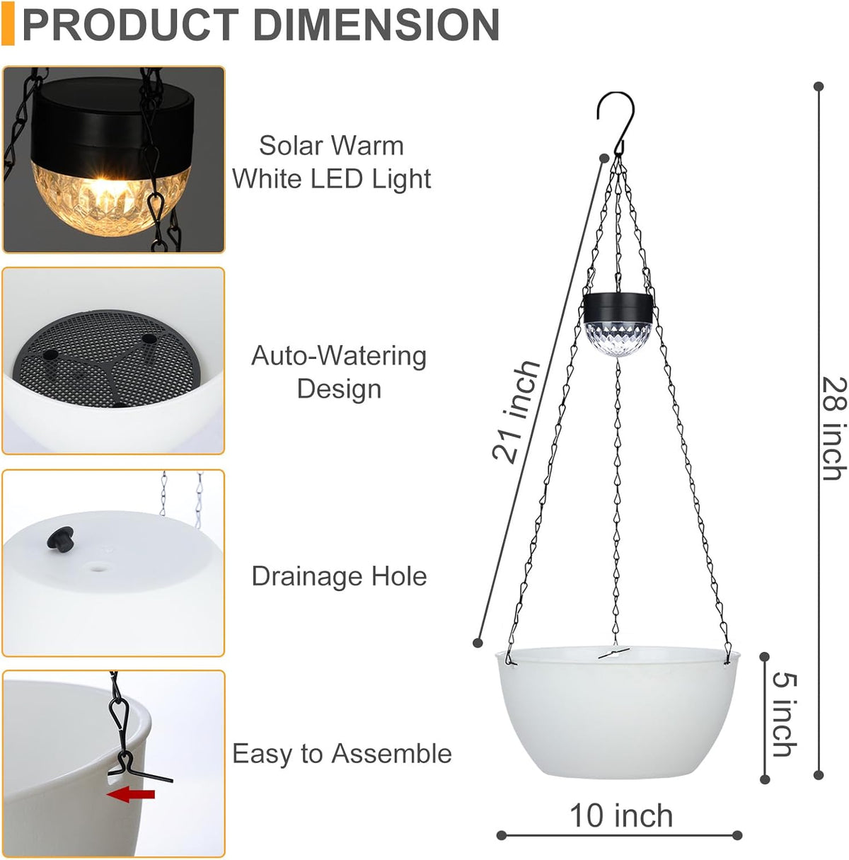 2 Packs Hanging Planters Basket for Outdoor Plants, Solar Powered Self Watering White Round Plastic