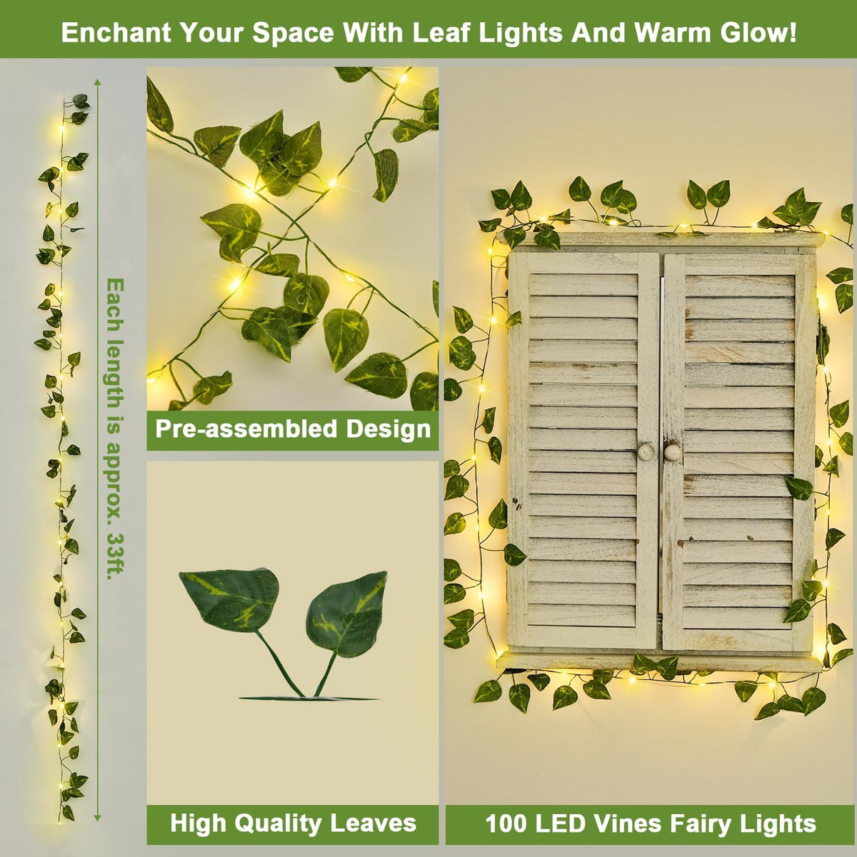 JMEXSUSS 33Ft Vines with Lights Battery Operated, 100 LED Pothos Leaf Vine Lights for Bedroom Wall