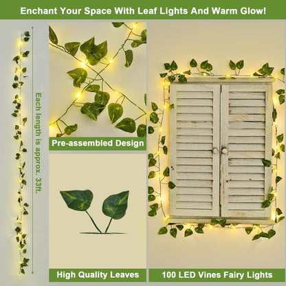 JMEXSUSS 33Ft Vines with Lights Battery Operated, 100 LED Pothos Leaf Vine Lights for Bedroom Wall