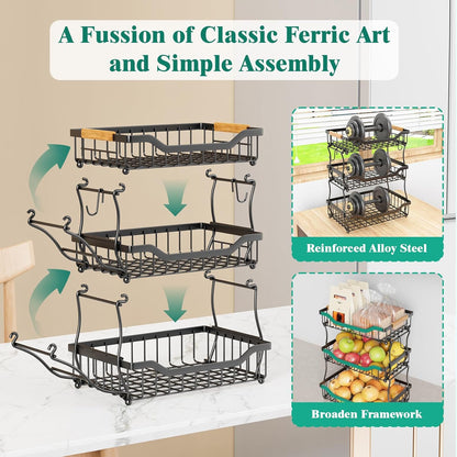 Giwil 3 Tier Countertop Fruit Basket for Kitchen, Vegetable Storage Bread Fruit Bowl Stand with 2
