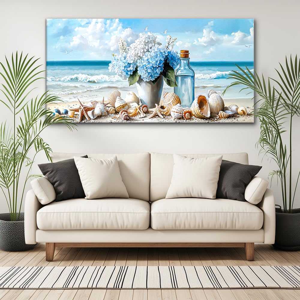 LASMOND Romantic Beach Wall Art for Living Room Blue Shells Conch Vase Canvas Prints Modern Large