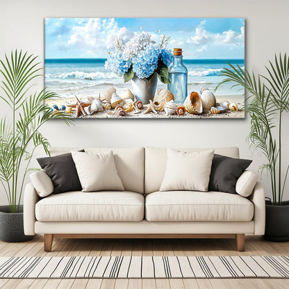 LASMOND Romantic Beach Wall Art for Living Room Blue Shells Conch Vase Canvas Prints Modern Large