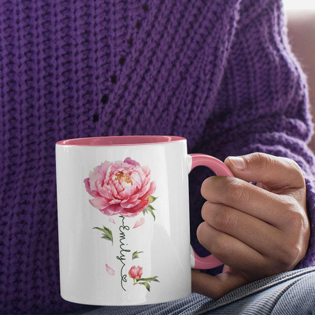 Flower Design Mug With Custom Name, Unique Peony Flower Ceramic Cup, Customized Flower Lover Coffee