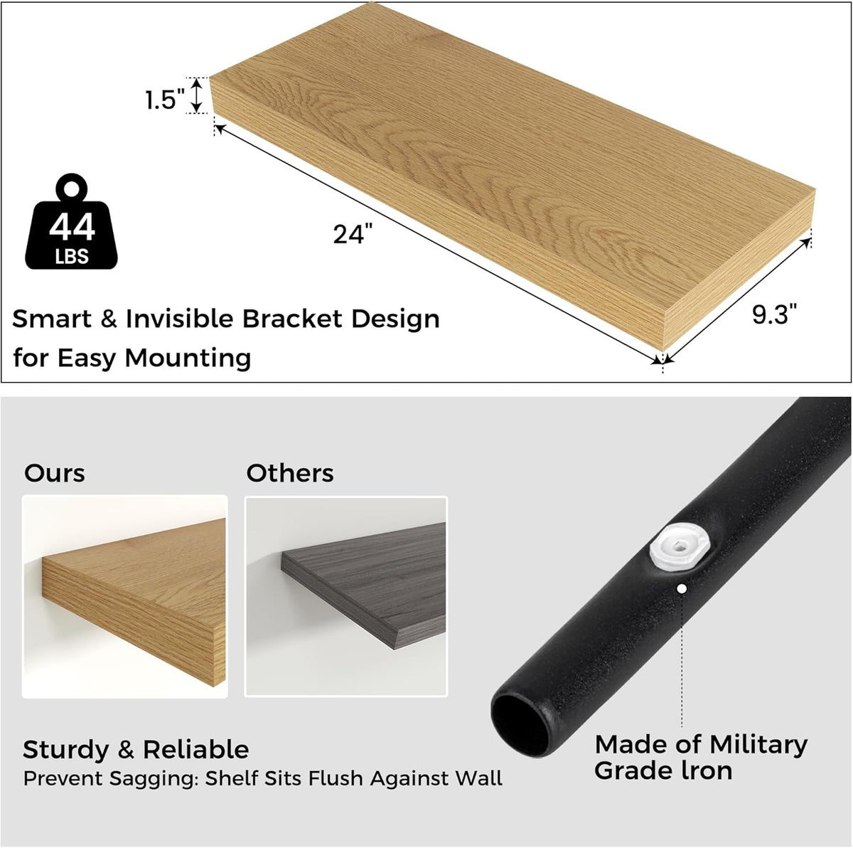 Floating Shelves for Wall, 2 Large Wall Mounted Shelves with Invisible Brackets, Long Wood Floating